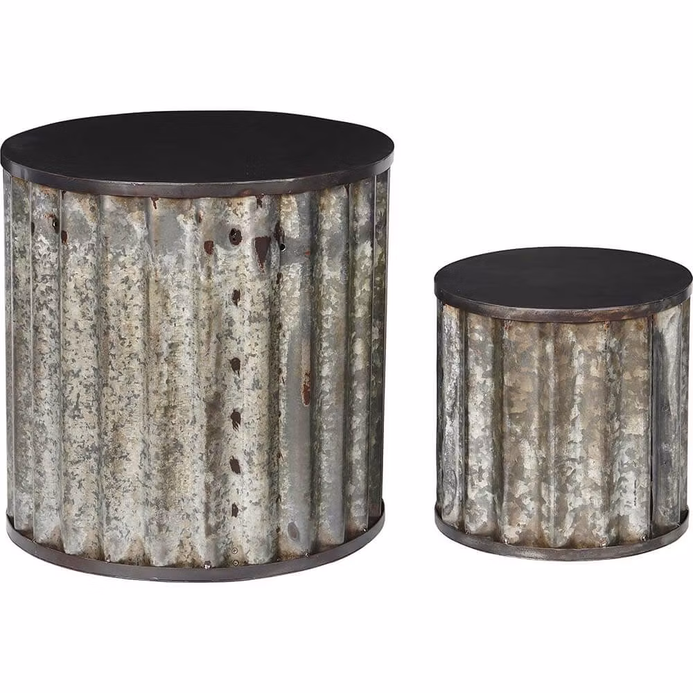 Soffbord/Sidobor/XL Krukor i set om 2 av metall med rustik patina