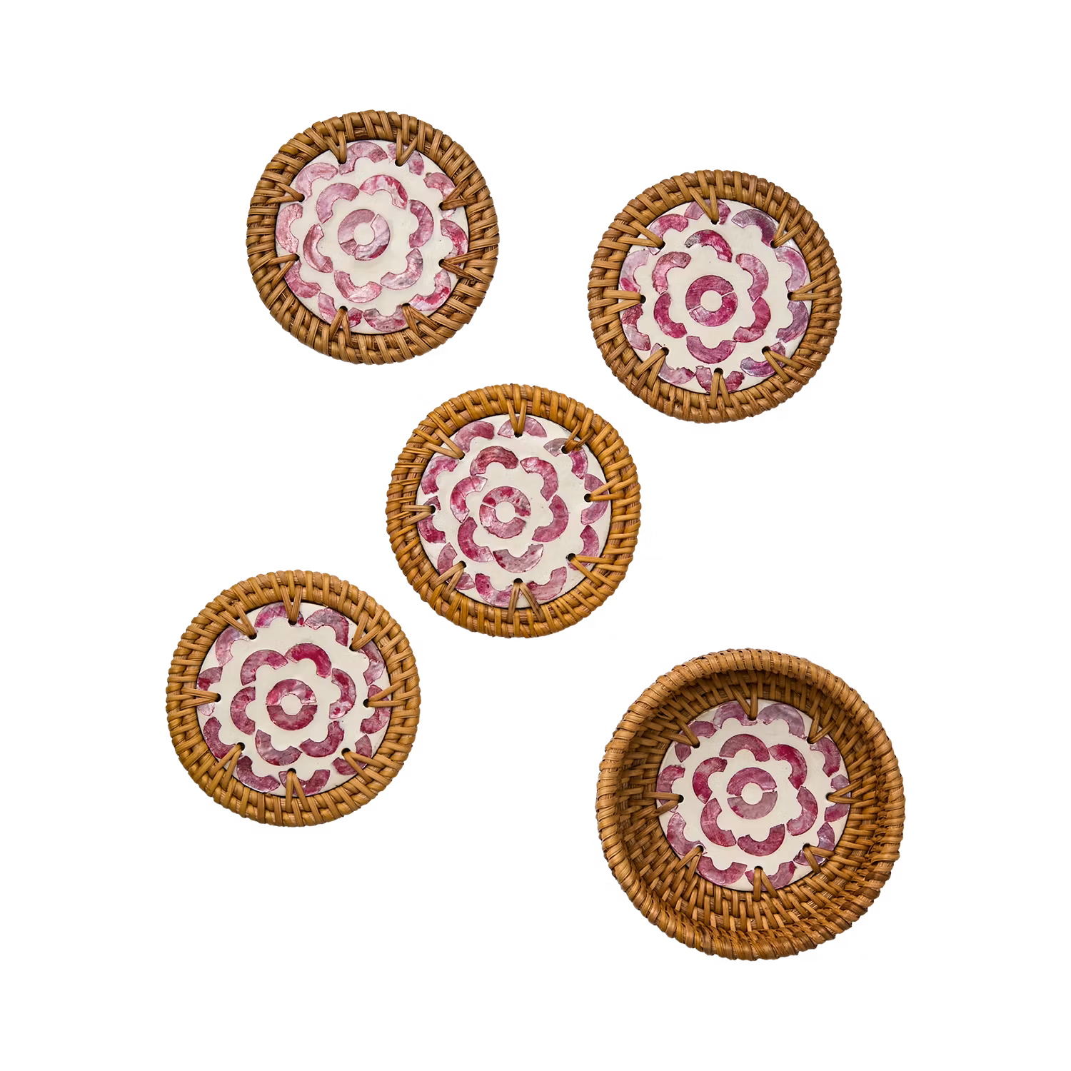 Glasunderlägg i rotting och odlade snäckor, Rosa/natur