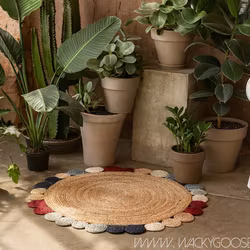 Matta i jute, Natur/flerfärgad, Ø90 cm