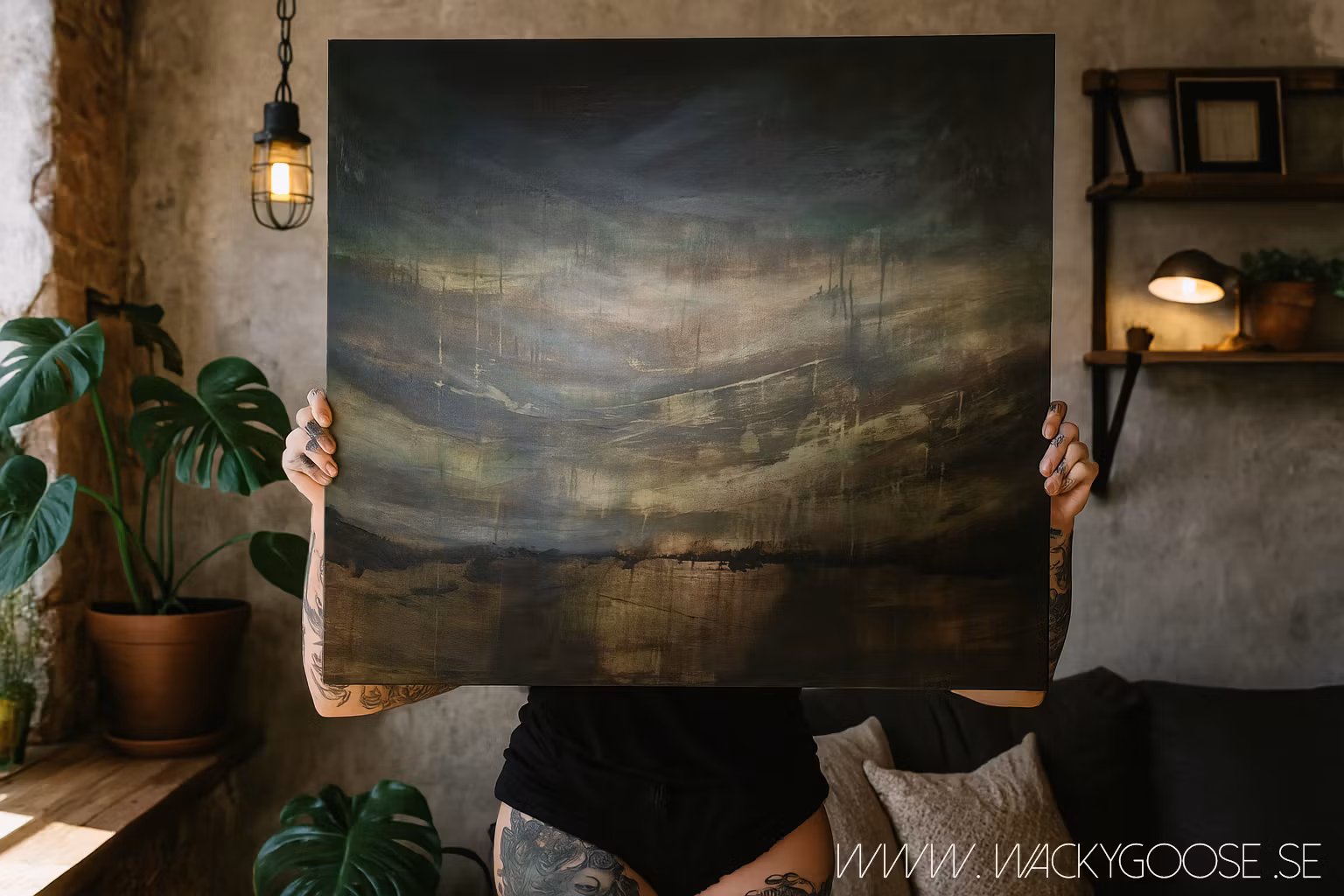 Stor abstrakt tavla i mörka jordnära toner - Handmålad konst för modern inredning, "Devine Valley"