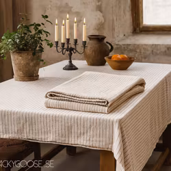 Bordsduk med ränder, 100% Bomull, Elfenben/olivgrön, 220x130cm
