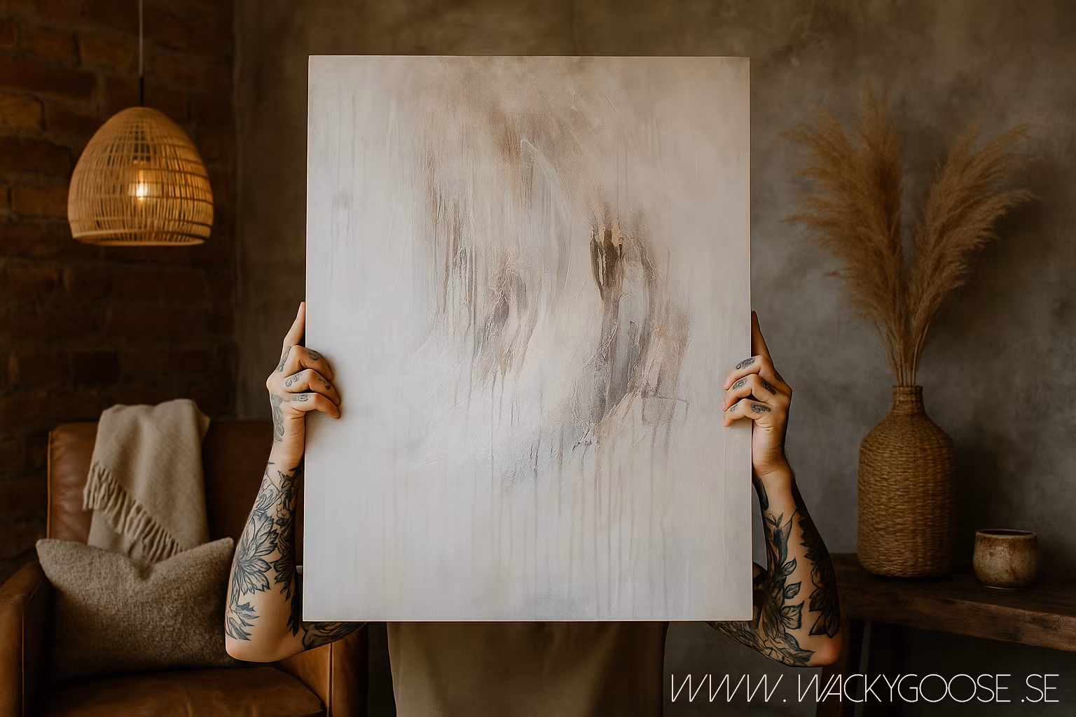 Ljus abstrakt tavla i beige naturtoner - Handmålad konst i nordisk stil, "Muddy River"