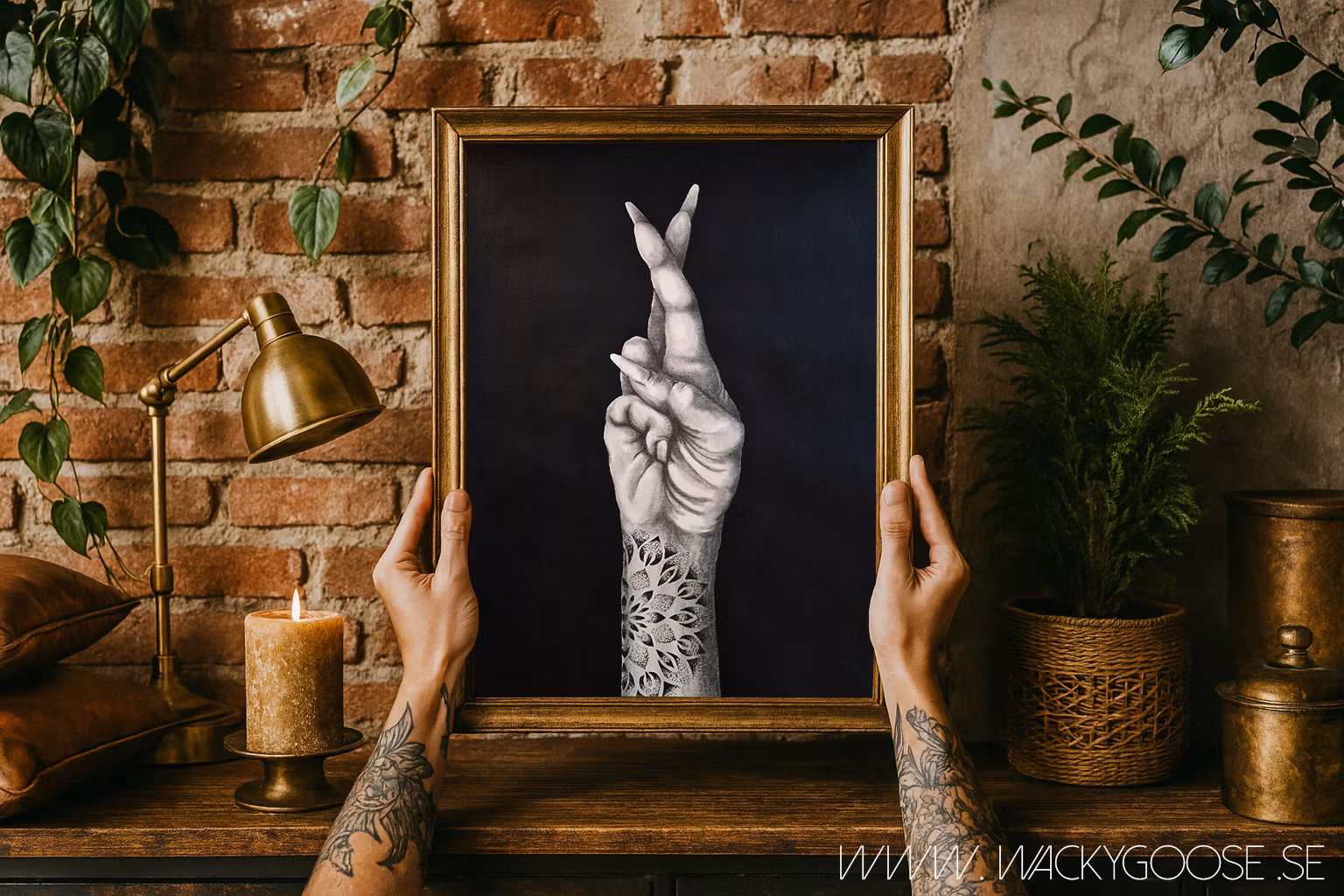 Stay Positive - Svartvit tavla i Kol & Akryl med tatuerad hand