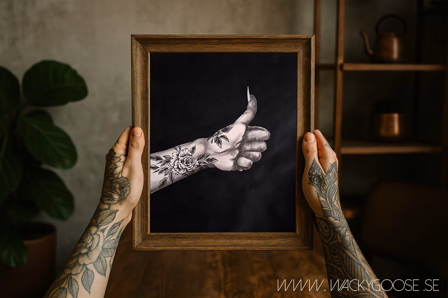 Stay Good - Svartvit tavla i Kol & Akryl med tatuerad hand