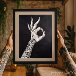 "Stay Ok" - Svartvit tavla i Kol & Akryl med tatuerad hand