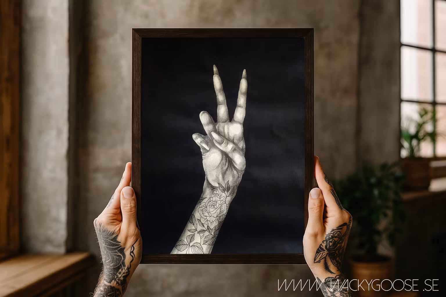 Stay Peaceful - Svartvit tavla i Kol & Akryl med tatuerad hand