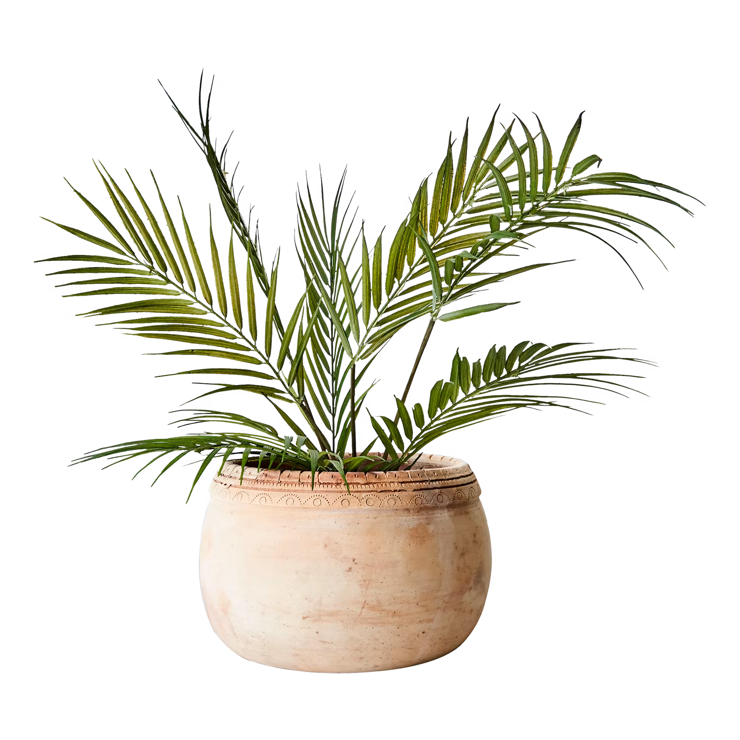Låg urna i terrakotta med handgjord kantdekor, ~Ø21cm