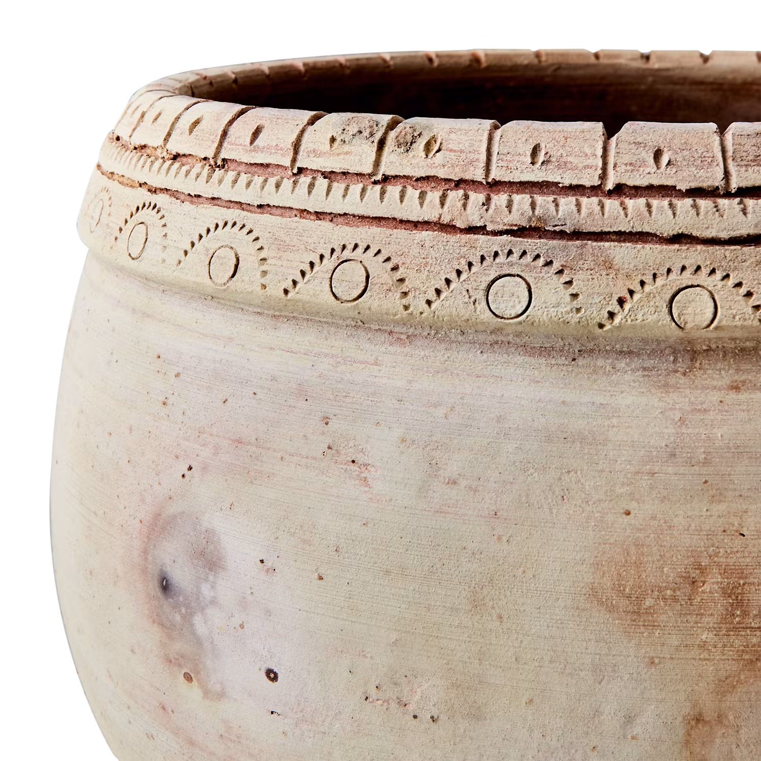 Låg urna i terrakotta med handgjord kantdekor, ~Ø21cm