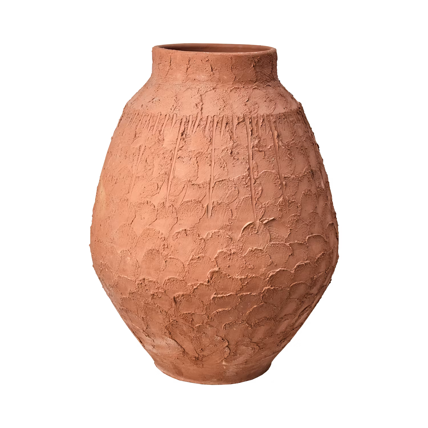 Stor handgjord urna i terrakotta med skulpterad yta, 46cm