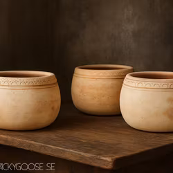 Låg urna i terrakotta med handgjord kantdekor, ~Ø21cm