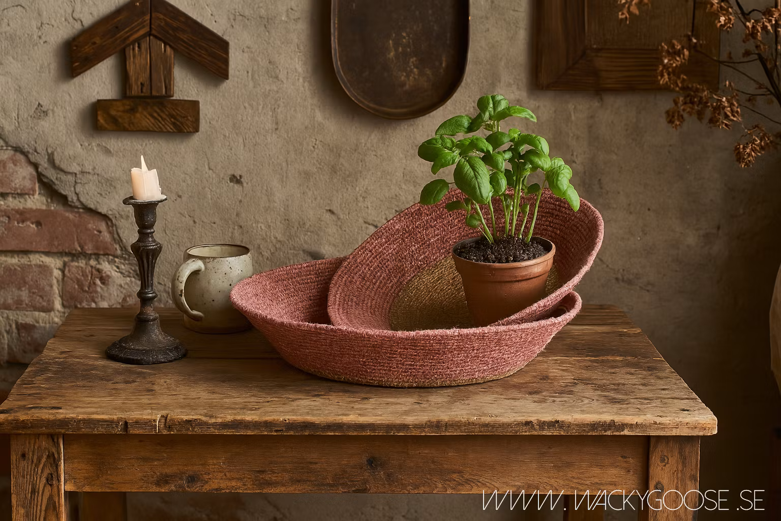 Handgjorda korgar i Moonjgräs, Set om 2, Rosa/Natur