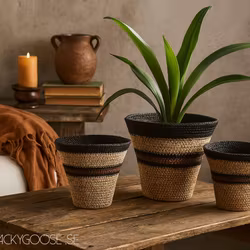 Handsydda Mabida-korgar i sjögräs, Set om 3, Natur/Svart/Brun