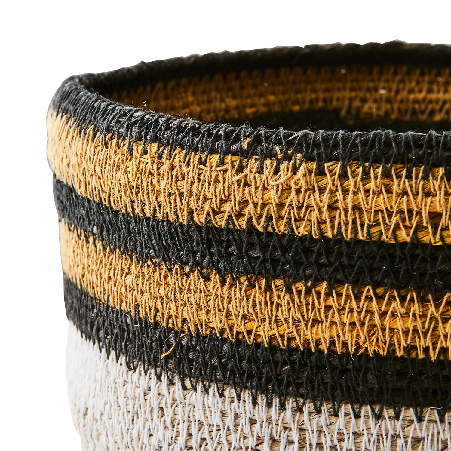 Handsydd Madiba-korg i sjögräs, Svart, vitt & senapsgult, Ø20cm