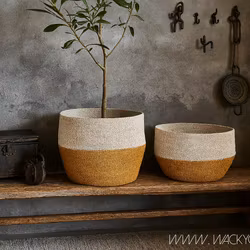 Handsydd Madiba-korg i sjögräs, Vit/Senapsgul, Ø30cm