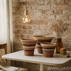 Handsydda Mabida-korgar i sjögräs, Set om 3, Brun/Beige/Svart