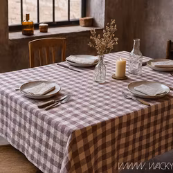 Bordsduk med rutor, 100% Bomull, Lila/elfenben, 350x140 cm