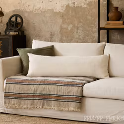 Filt i linne och bomull, 200x130cm, Beige/brun/svart