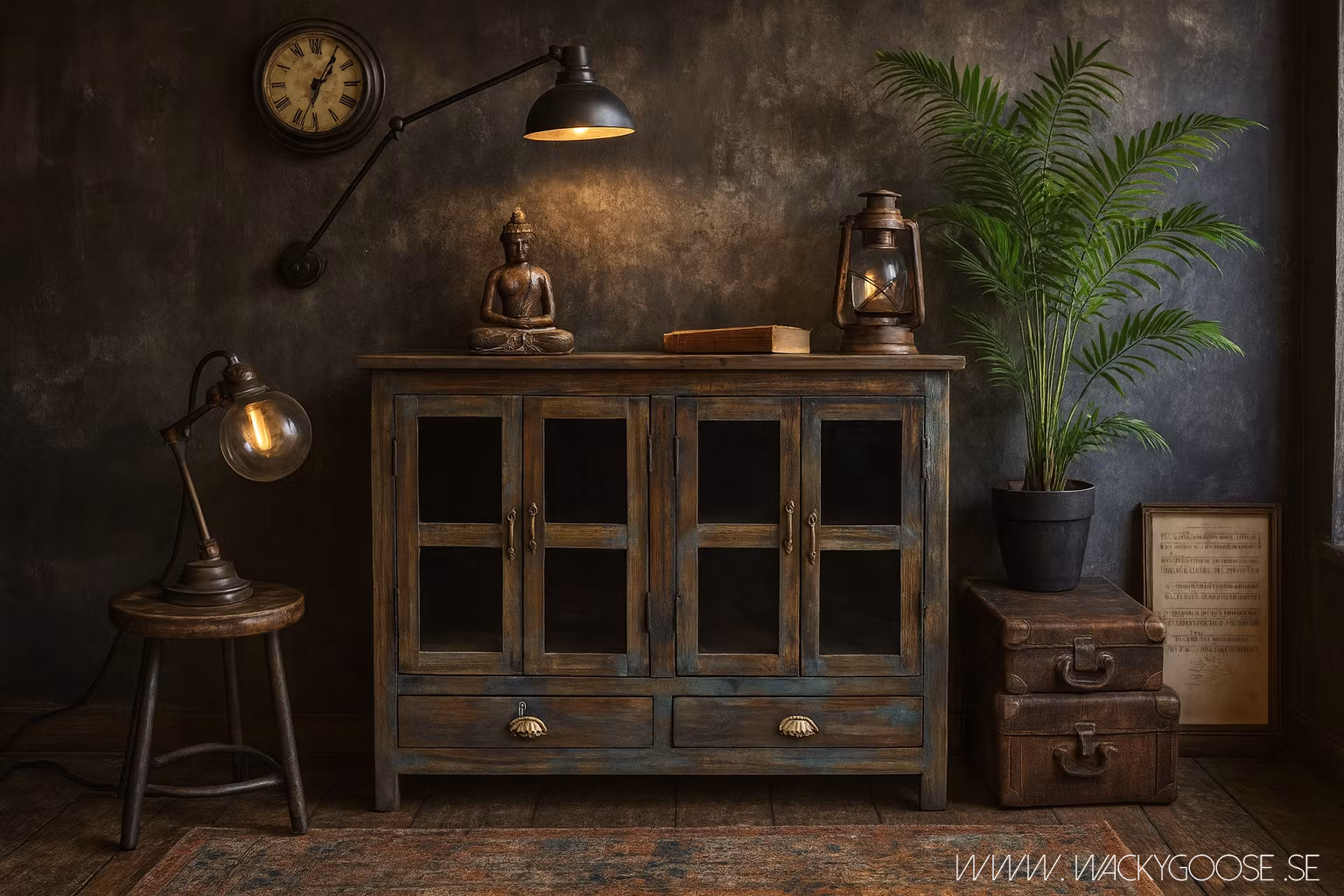 Extraordinär vintage skänk med vitrin, Blåa färgrester