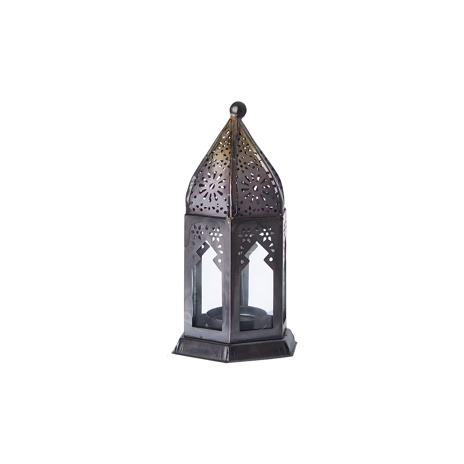 Bohemisk värmeljuslykta i järn och glas, 16cm