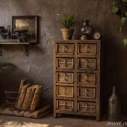 Handgjord kommod av återbrukat trä med 10 murstenslådor