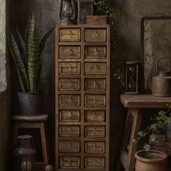 Handgjord kommod av återbrukat trä med 18 murstenslådor