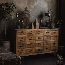 Handgjord köpmansdisk med 20 lådor