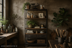 Hylla i trä och järn med hjul - Antiksvart, H200cm