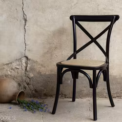 Trästol i fransk lantstil med flätad rottingsits, 2-pack - Svart