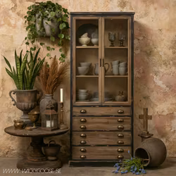 Vitrinskåp med både lådor och dörrar