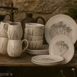 Bloomingville, Frukostservis i stengods med handmålat blommönster, 12 delar