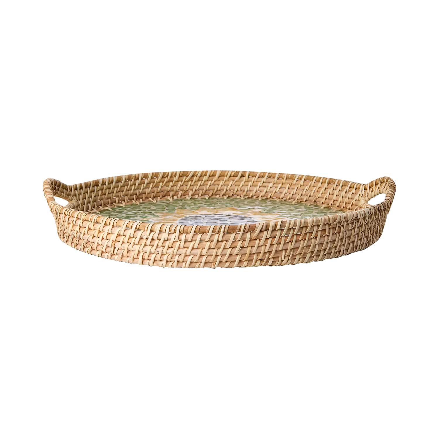 Handgjord bricka av snäckskal och rotting, Ø43cm