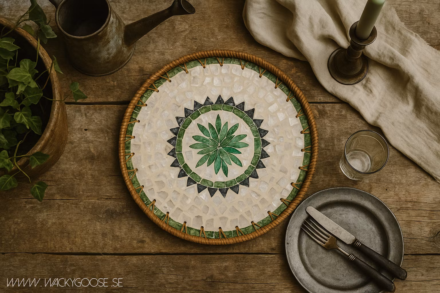 Handgjord bricka av snäckskal och rotting, Ø34cm