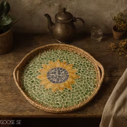 Handgjord bricka av snäckskal och rotting, Ø43cm