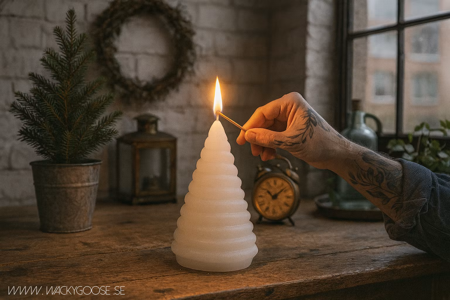 Handgjort figurljus Gran, Vit 15cm