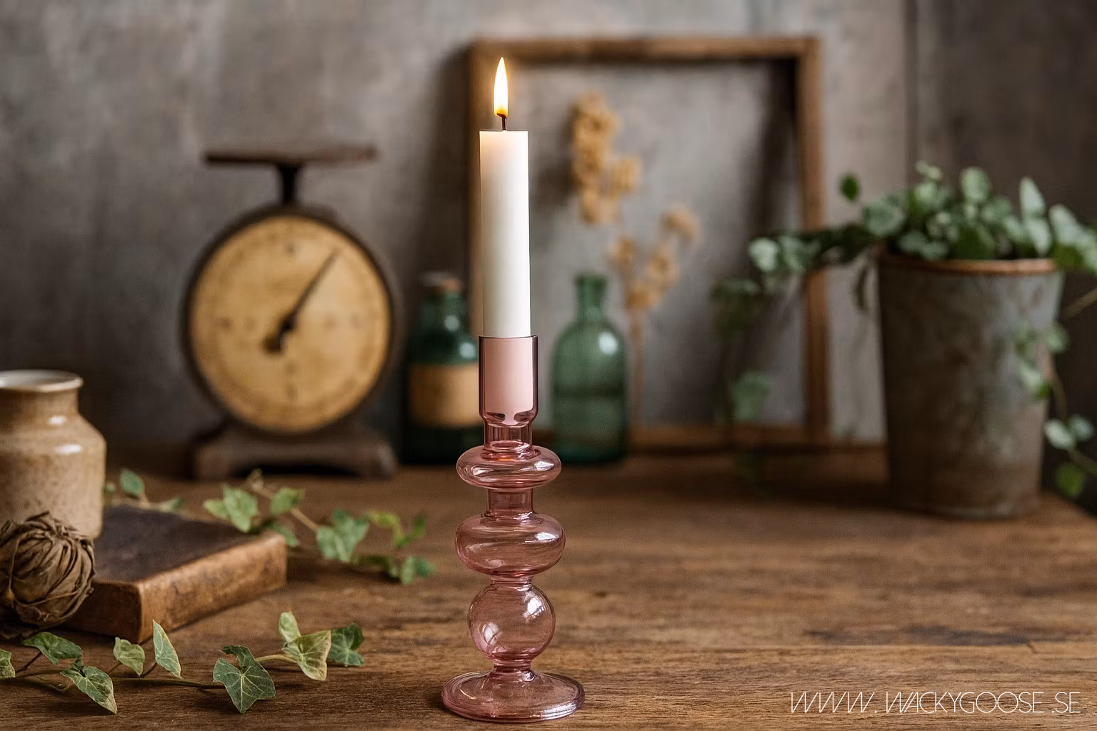 Munblåst ljusstake i glas, Rosa, 20cm