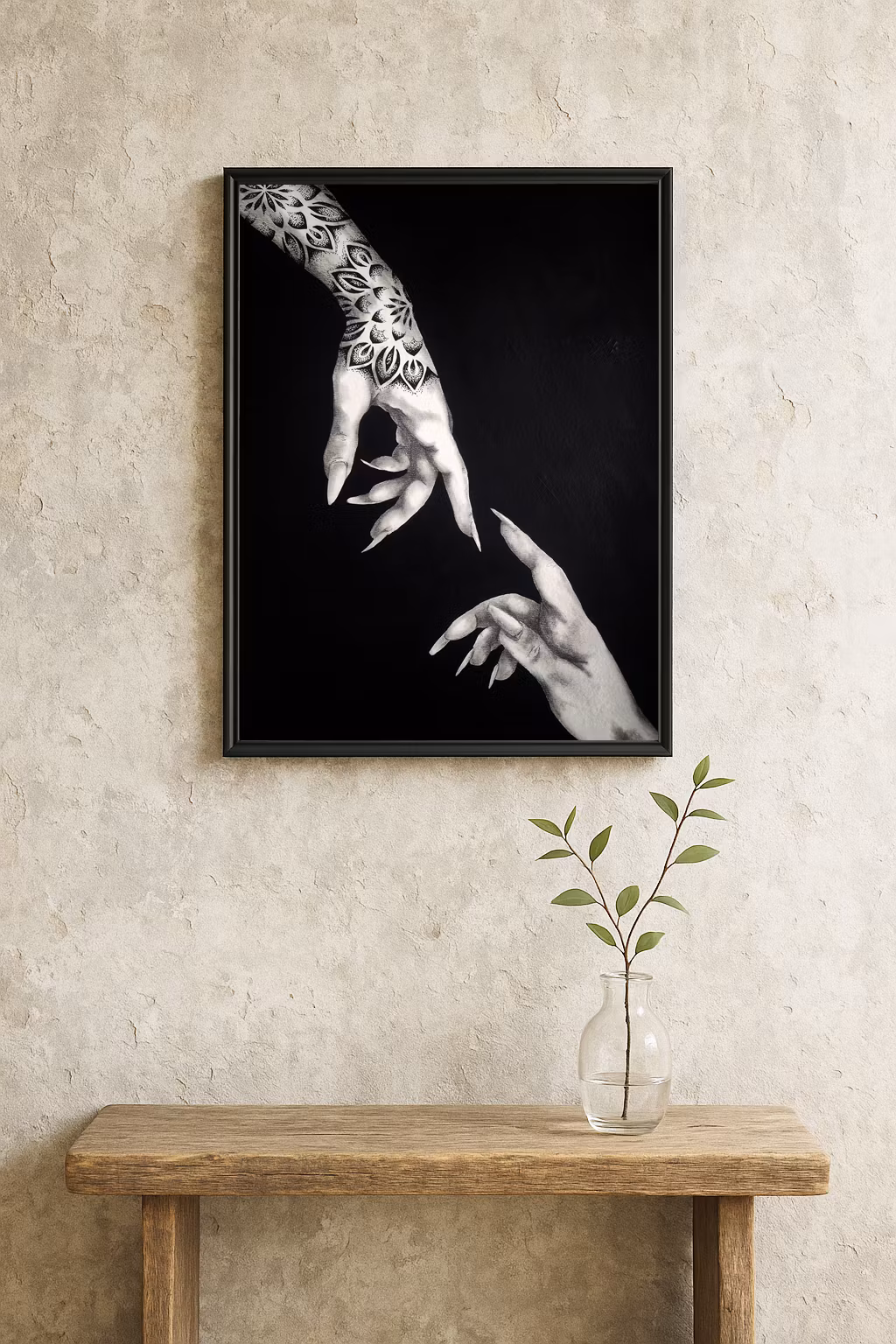 "Stay Wistful" - Svartvit tavla i Kol & Akryl med tatuerad hand