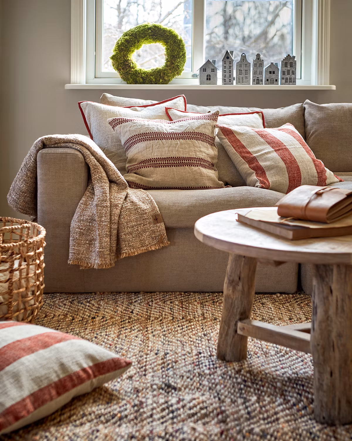 Kuddfodral i bomull/linne, 50x50cm, Röd/Lingrå