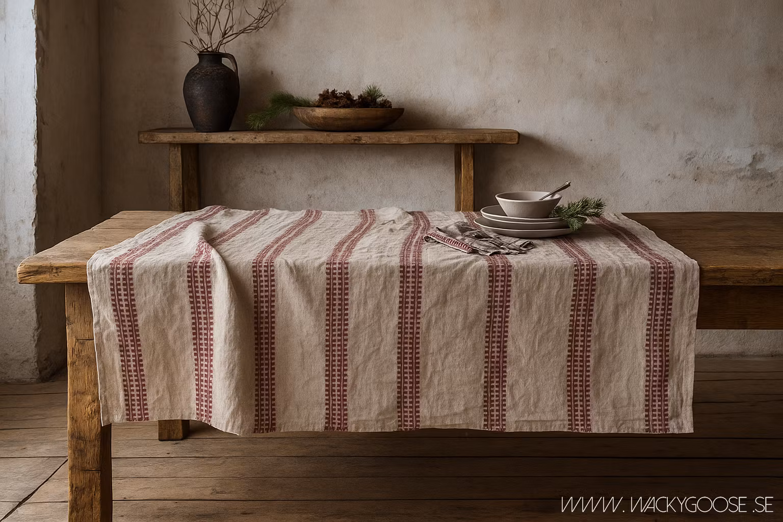 Bordsduk i bomull/linne 350x140cm, Röd/Lingrå