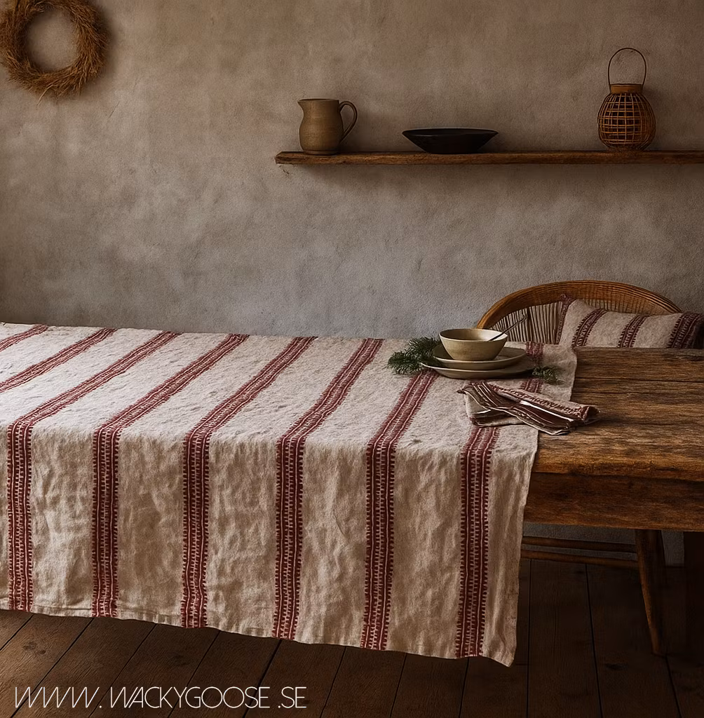 Bordsduk i bomull/linne 250x140cm, Röd/Lingrå