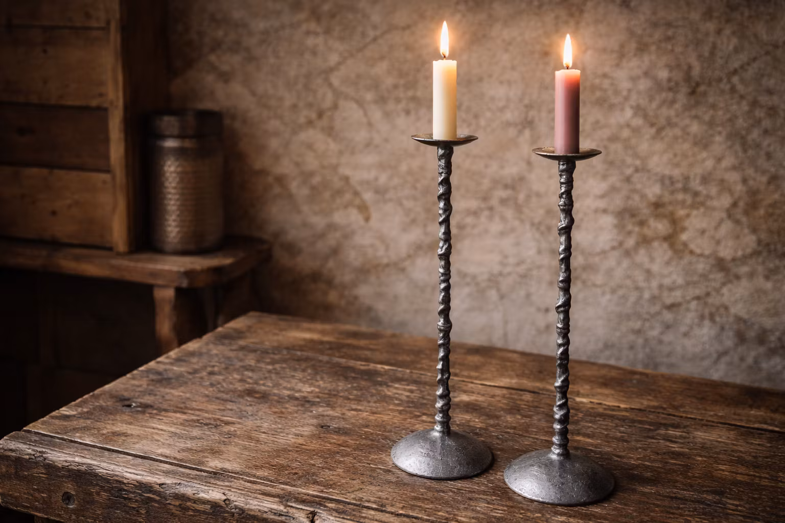 Vackra höga ljusstakar i metall, säljs i par