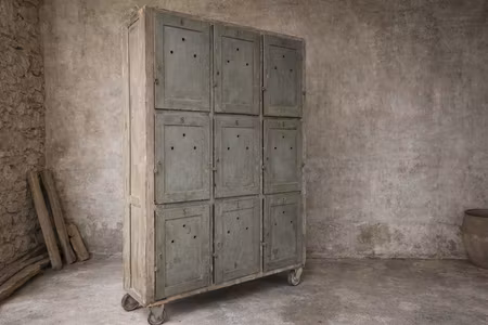 Rejält gammalt omklädningsskåp på hjul