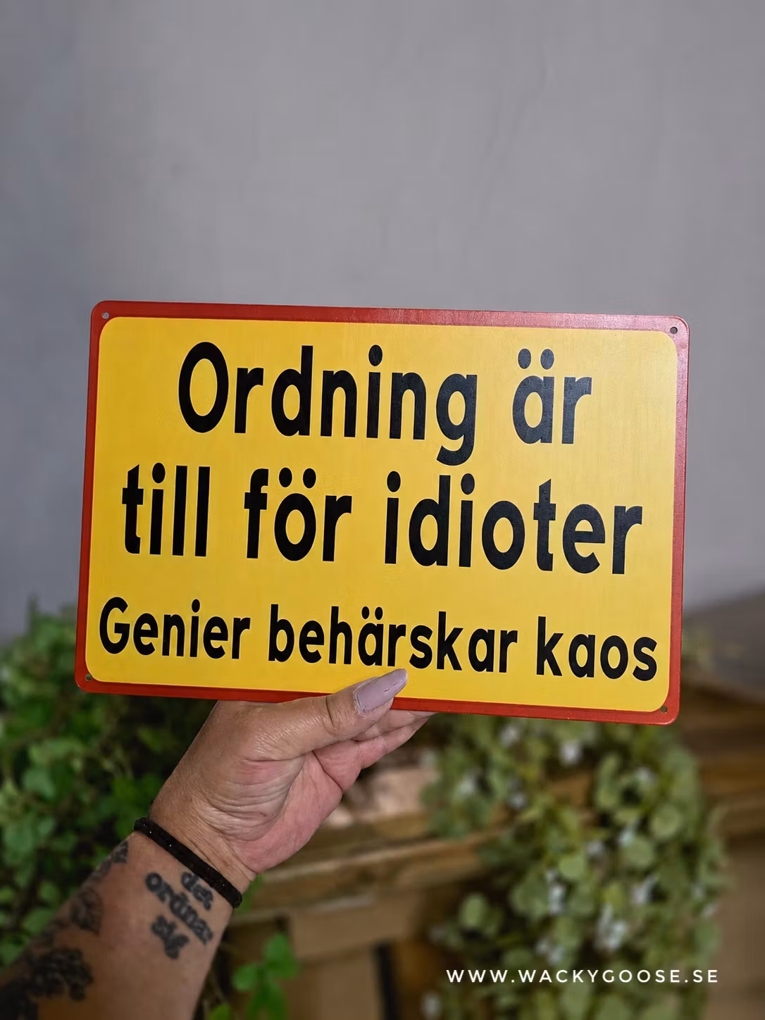 Plåtskylt i retro-stil, Ordning är för idioter
