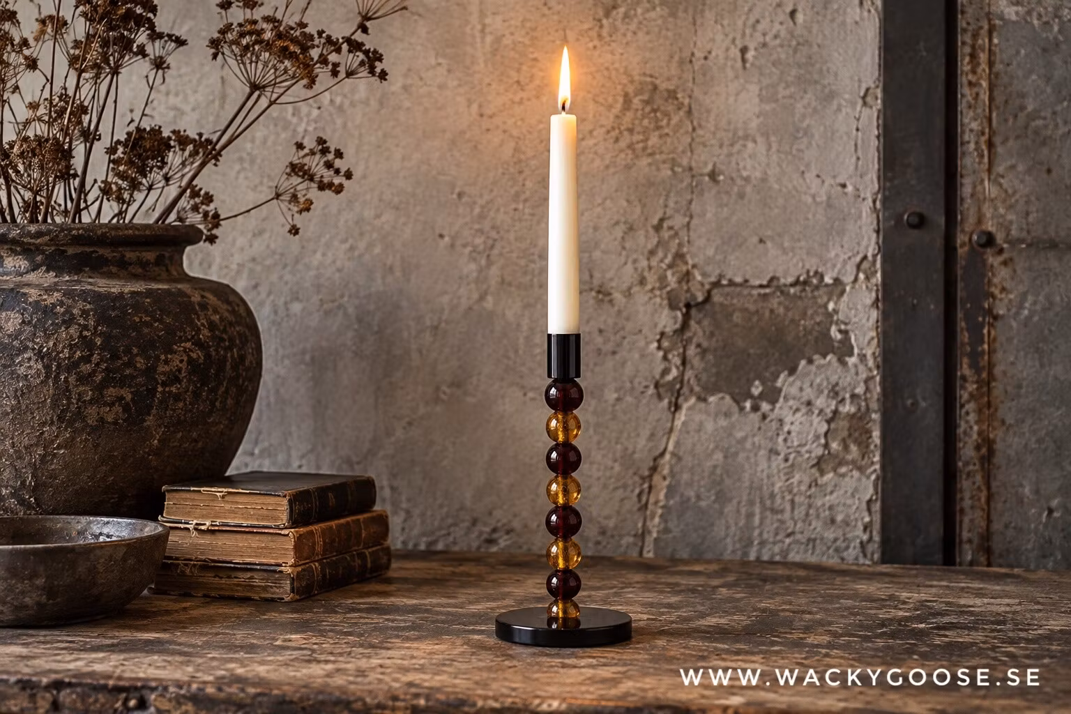 Handgjord Ljusstake i glas och järn, 23cm, Brun/Svart