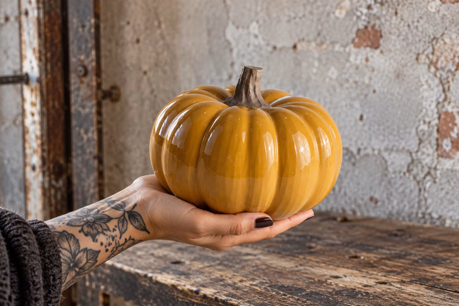 Pumpa, Bordsdekoration i stengods, Ø17,5cm, Senapsgul