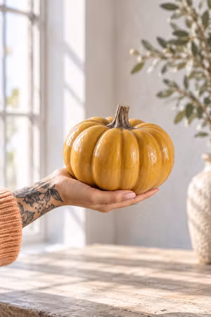 Pumpa, Bordsdekoration i stengods, Ø17,5cm, Senapsgul