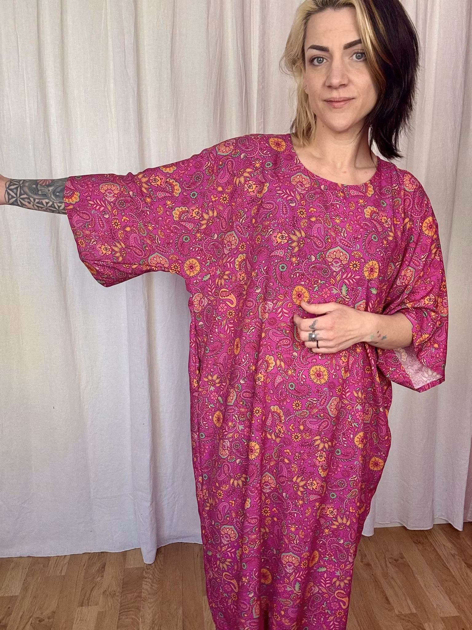 Funky leaf pink/orange Kimono Dress Viskos