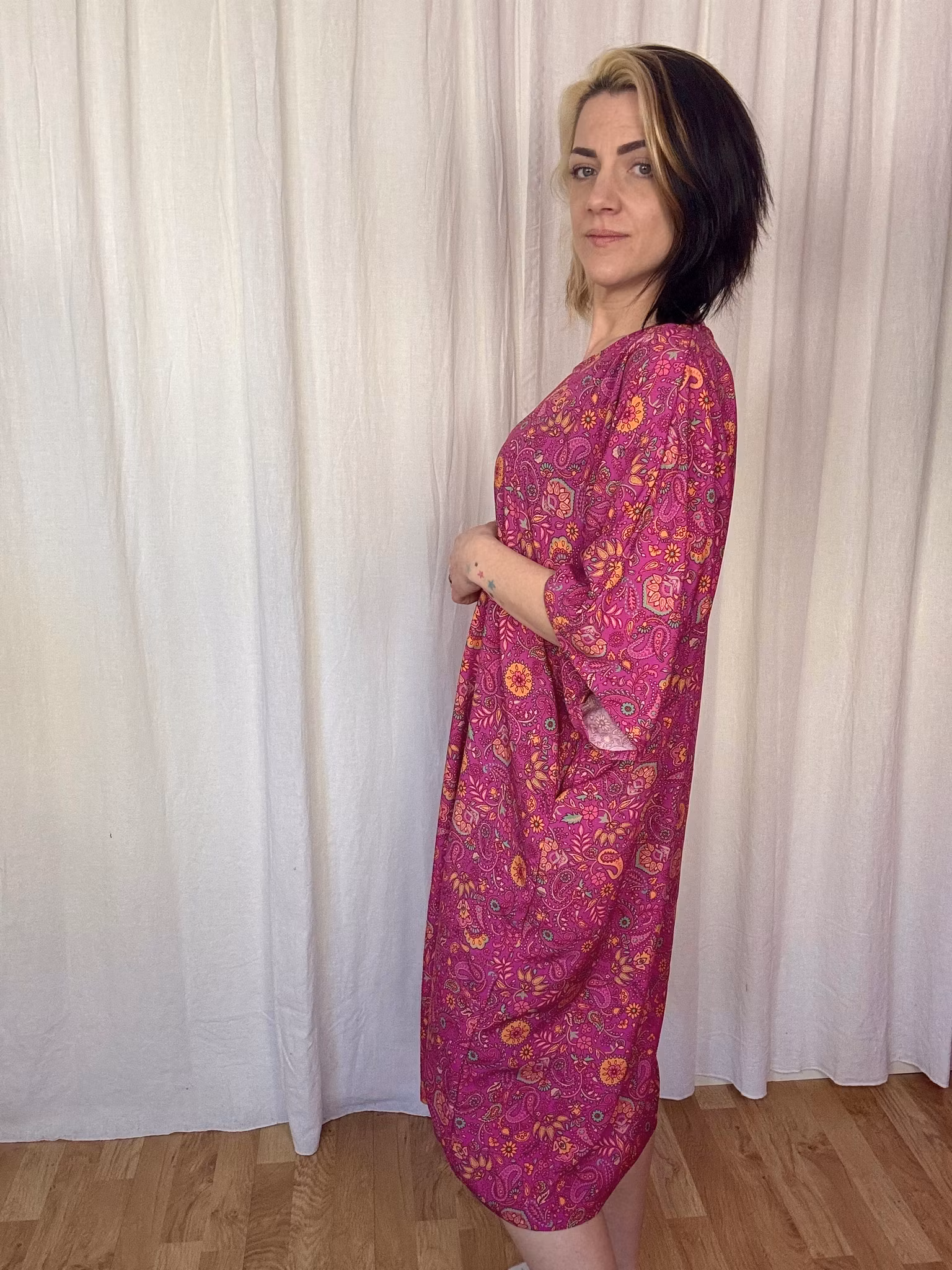 Funky leaf pink/orange Kimono Dress Viskos