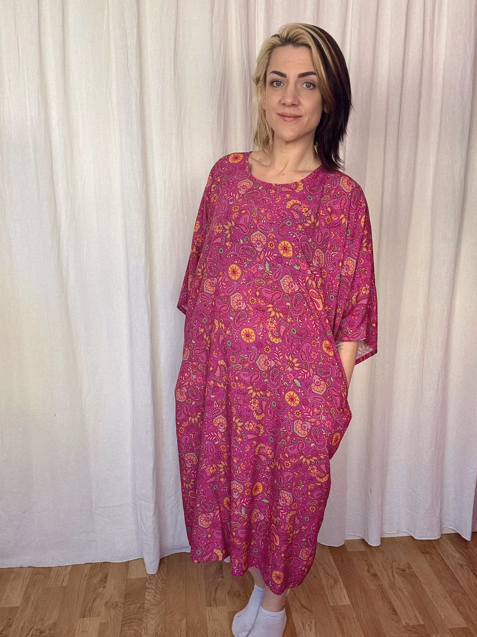 Funky leaf pink/orange Kimono Dress Viskos