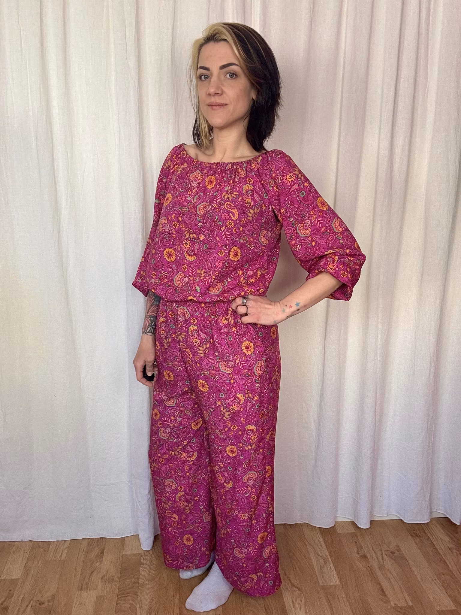 Funky leaf pink/orange All in one suit Viskos