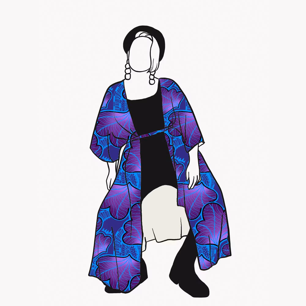 Funky leaf blue/purple Kaftan med knytband